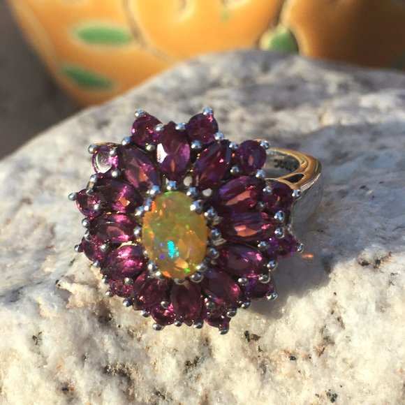 Genuine Opal & Garnet Halo Ring .925 Sterling Silver Natural Gemstones Sz 5 or 7 - Picture 10 of 16